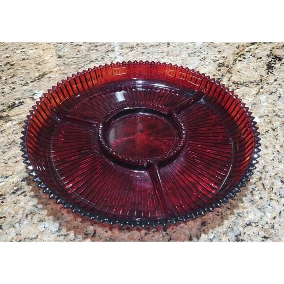 Mikasa Crystal 13" Divided Tray Diamond Fire Pattern Celebrations Red - Picture 1 of 10